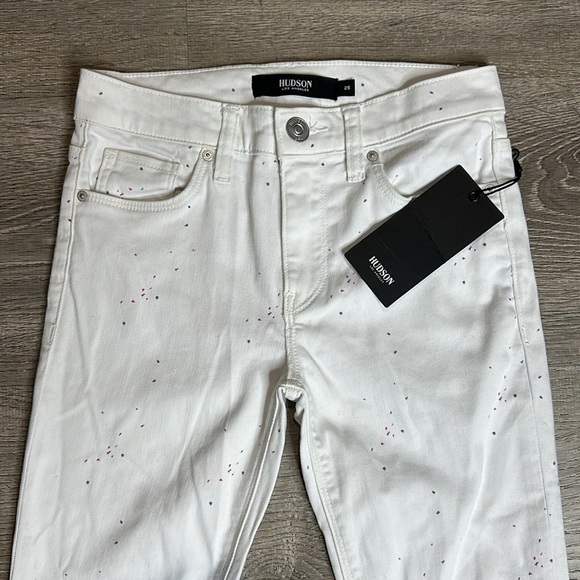NWT HUDSON Soft Light Gray Paint Splatter Print Mid Rise Skinny Jeans Sz 25 - Picture 2 of 12